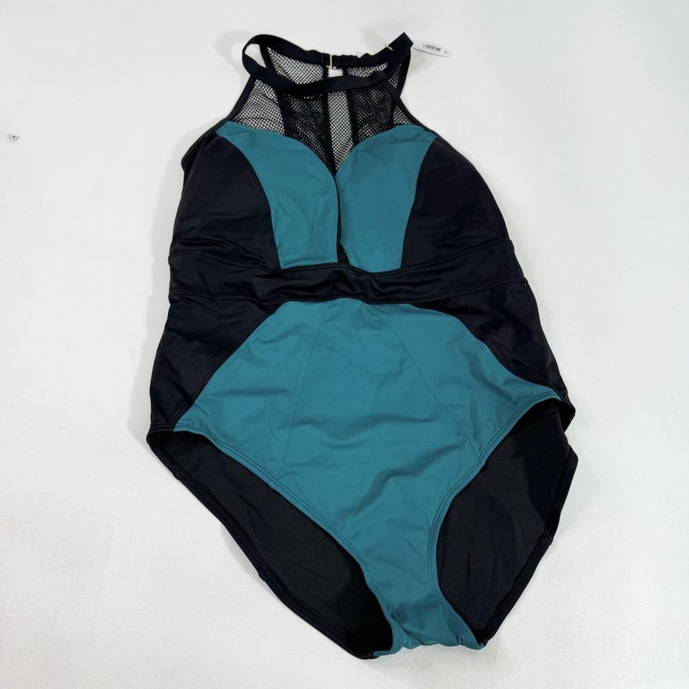 Adore Me Swimsuit Womens 2XL Black Teal One Piece Mesh Panel Ruched Plus Size